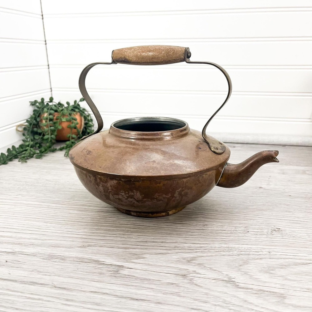 Vintage Copper Tea Kettle with Wooden Handle
